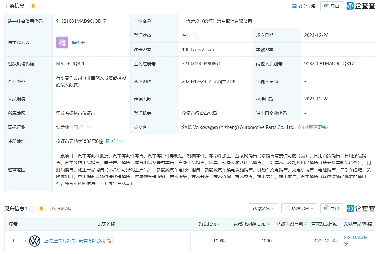 上汽集团等成立汽车配件公司 含充电桩销售业务